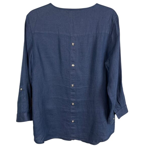 JM Collection Linen Button Up blouse Navy Blue Silver Buttons Lagenlook Size 10 - Picture 2 of 8